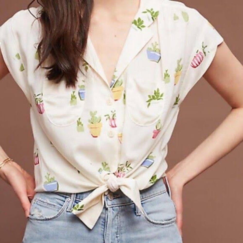 Anthropologie Maeve Cactus Short Sleeve Button Down Shirt